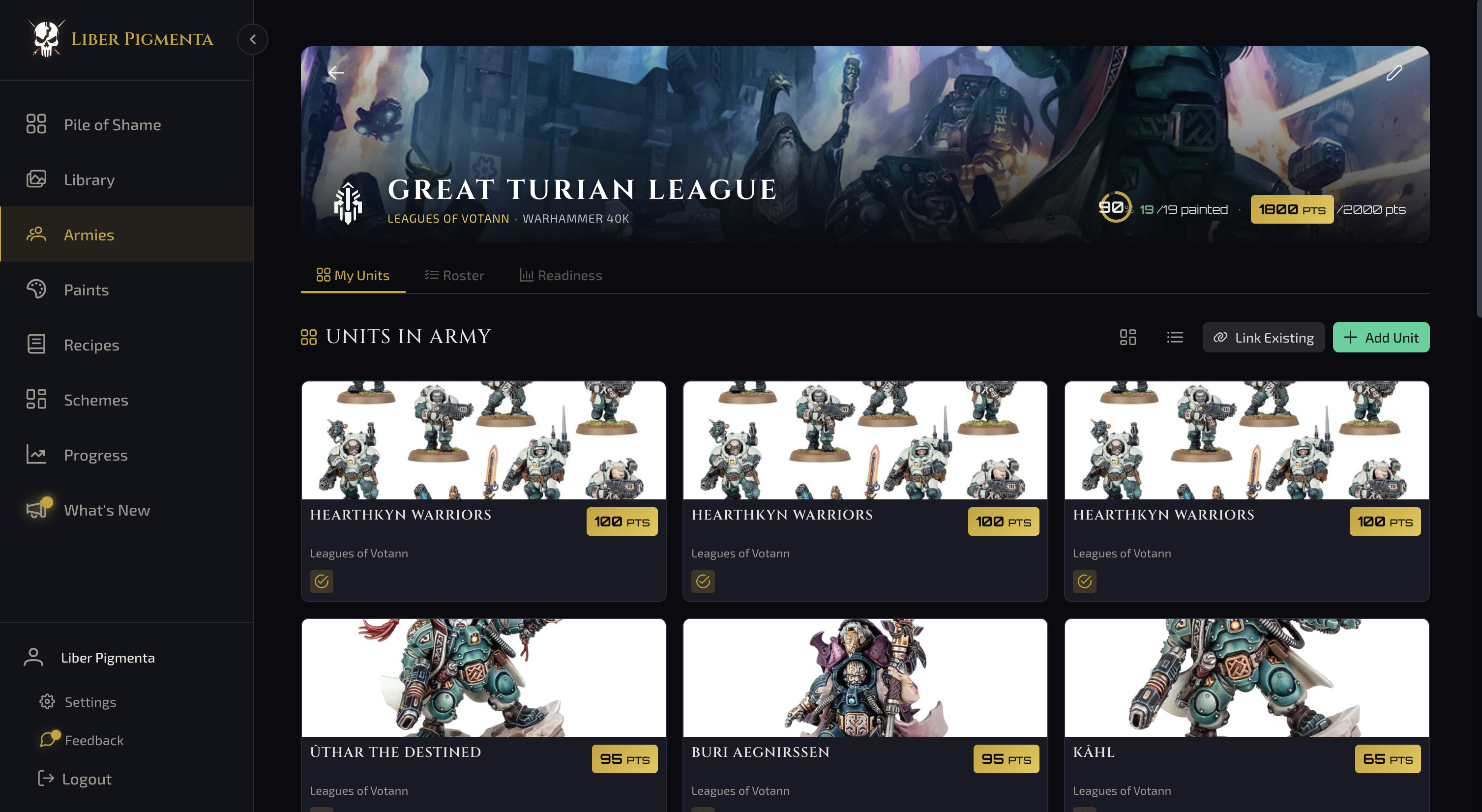 Army Manager with Faction Art and Unit Cards