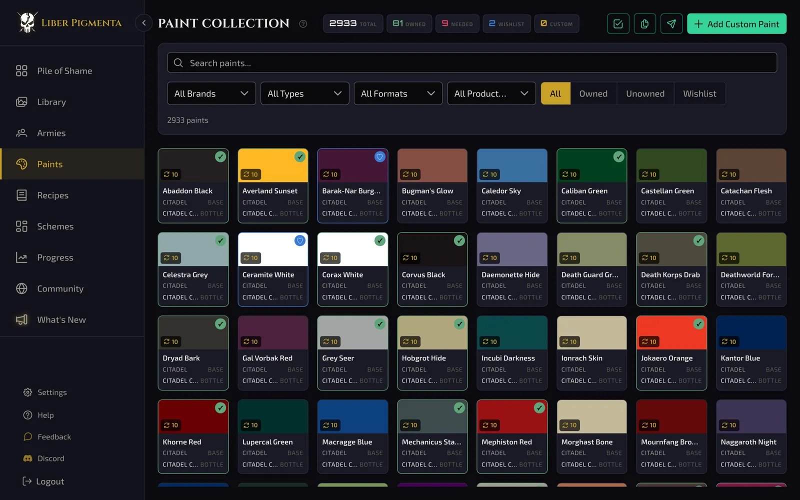 Paint collection grid with ownership and wishlist state